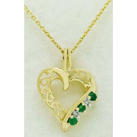 Genuine Emerald & Diamond Heart Pendant 10k Gold